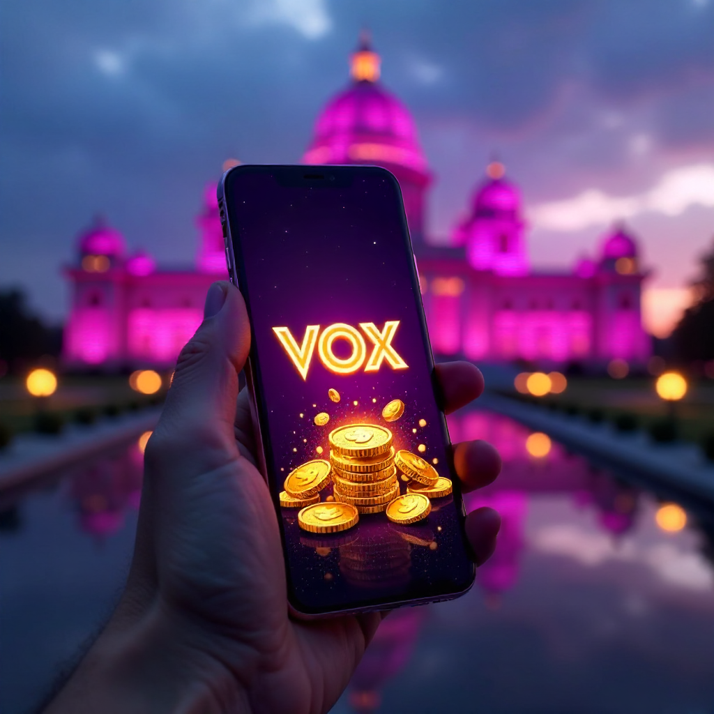 A hand holding a sleek smartphone with the Vox Casino app open, background featuring the Palace of Culture and Science in Warsaw at twilight, neon violet and gold brand colors, 3D golden coins and glowing slot symbols flying out of the screen, cinematic 8